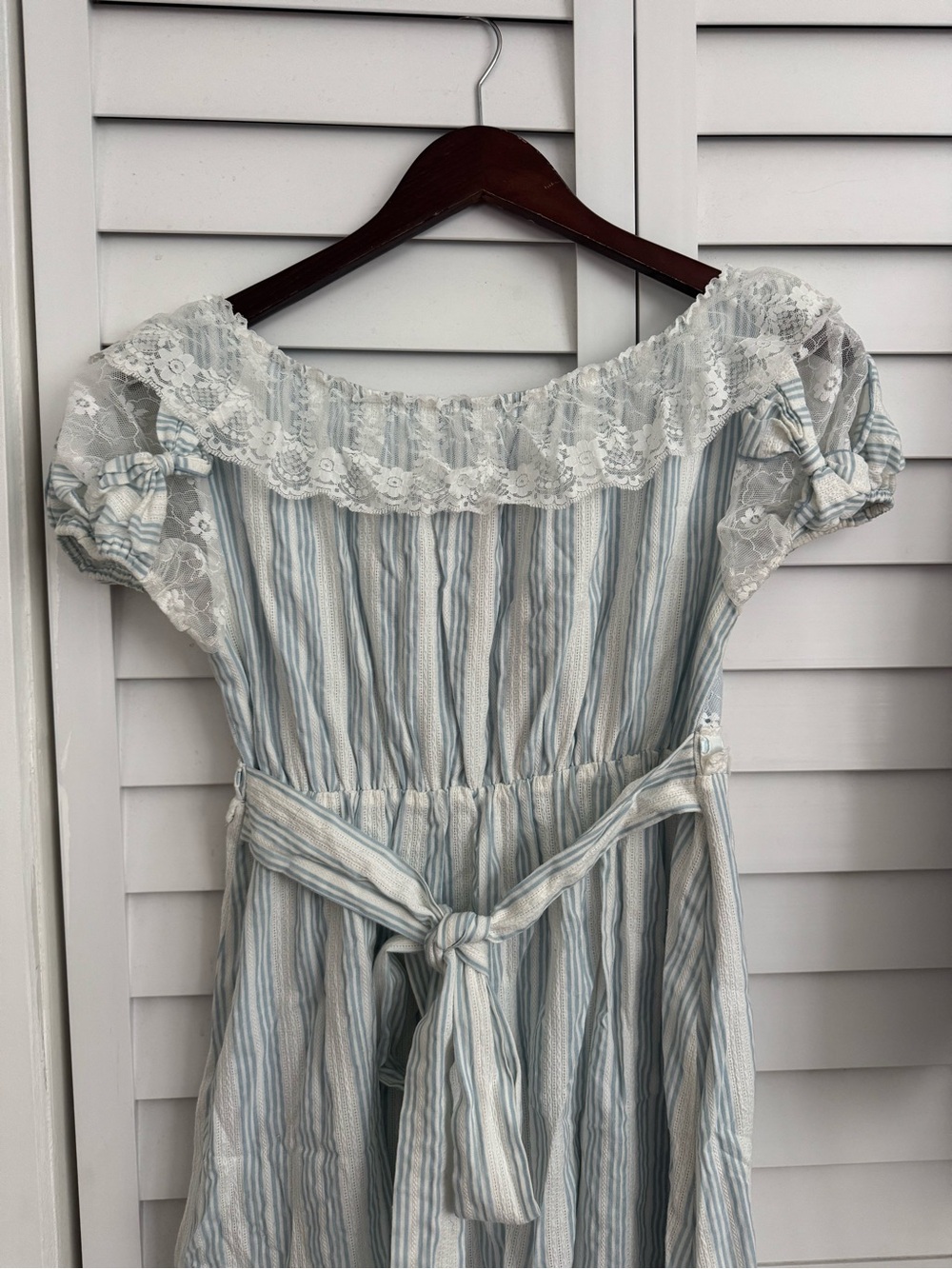 Bridgerton Inspired Blue and White Striped Lace Trim Dress - Picture 5 of 6
